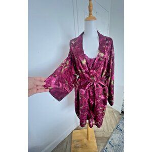 2 Pc Sophia By Delicates Women Robe (L) Chemise (M) Sheer Kimono Burgundy Satin